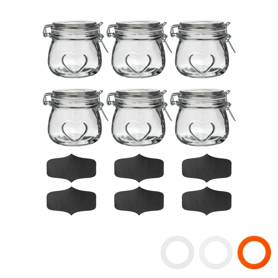 image 1 of Nicola Spring Heart Glass Storage Jars with Labels - 500ml - Clear Seal - Pack of 6