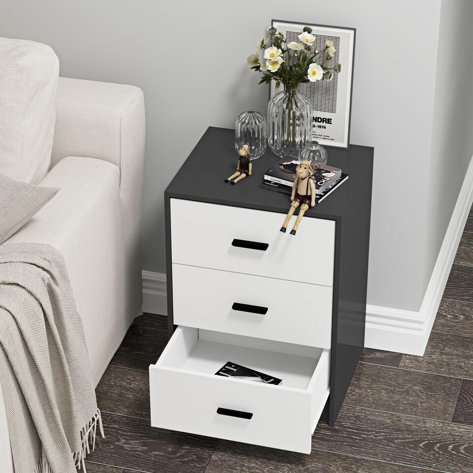 image 1 of Black 3-Drawer Bedside Table | Black | Accent Colour: White | 1
