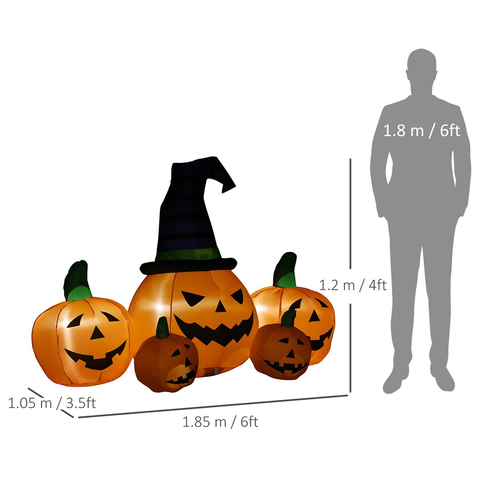 image 1 of Outsunny 6ft Inflatable Halloween Large Pumpkin in Hat with Four Small Pumpkins, Blow-Up Outdoor LED Display for Lawn, Garden, Party