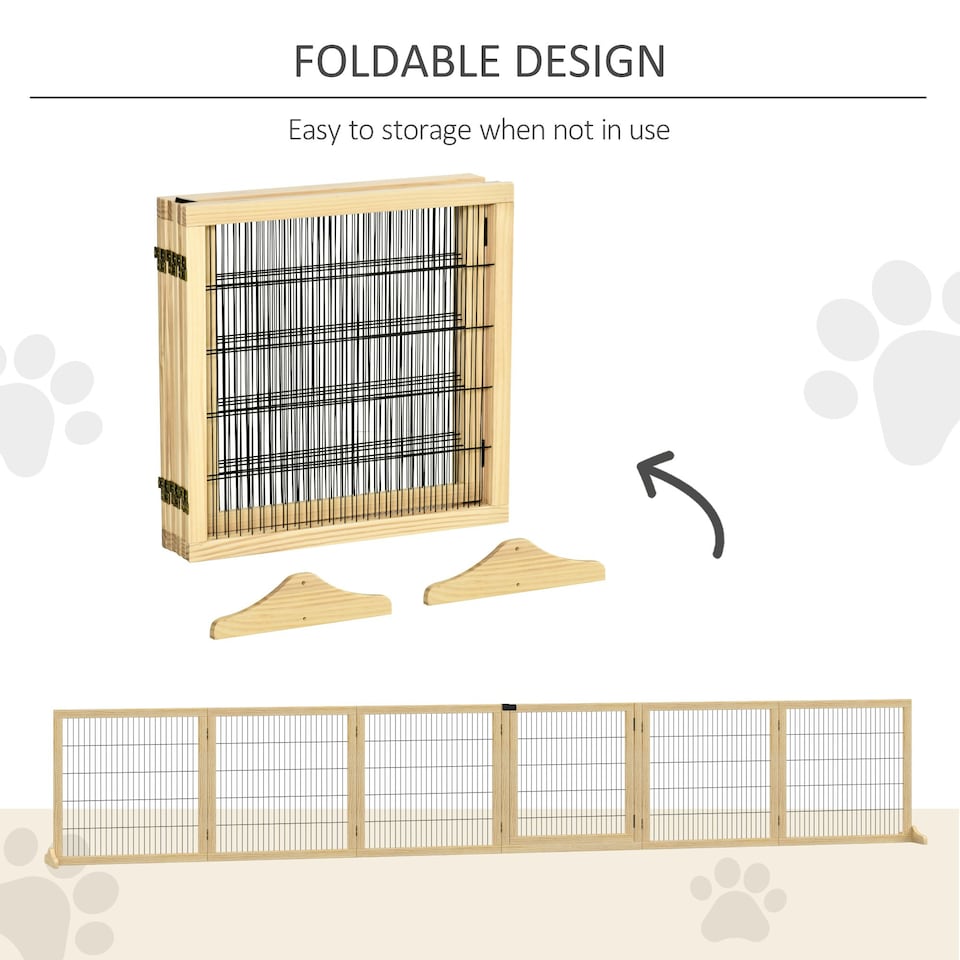 image 1 of PawHut Freestanding Pet Dog Gate, Six-Panel Foldable Wooden Playpen, 432cm