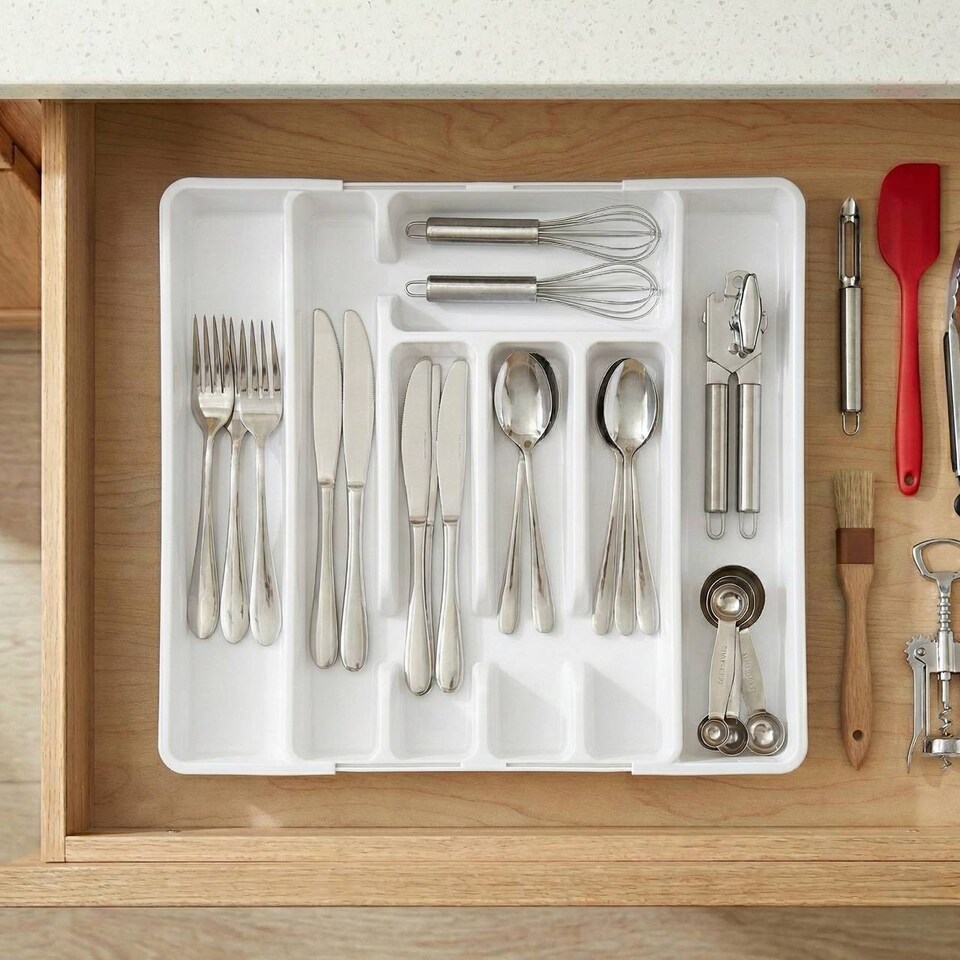 image 1 of 7-Section Extendable Plastic Cutlery Tray Organiser | White | 1