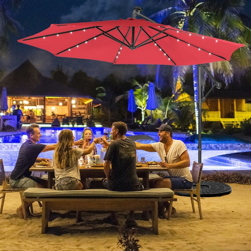 image 1 of COSTWAY 10FT Cantilever Parasol Patio Offset Umbrella LED Lights Red