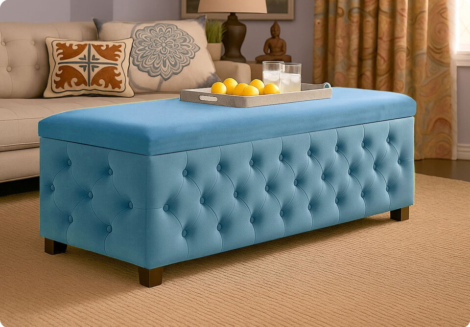 image 1 of 180cm Wide Empire Ottoman Storage Box with Legs, Duck Egg Velvet Chesterfield Upholstered Ottoman Footstool Coffee Table