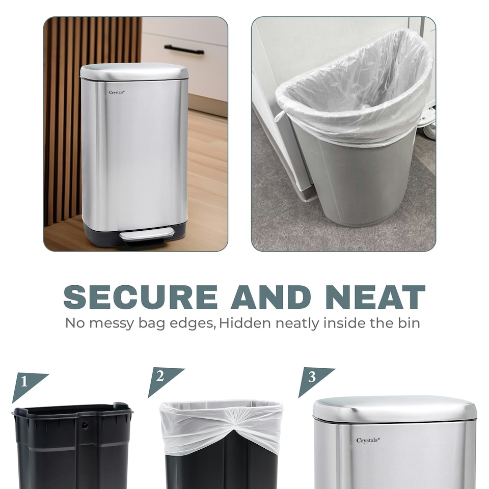 image 1 of Stainless Steel Rectangular Pedal Bin With Soft Close Lid Silver Waste Bin - 30L Silver