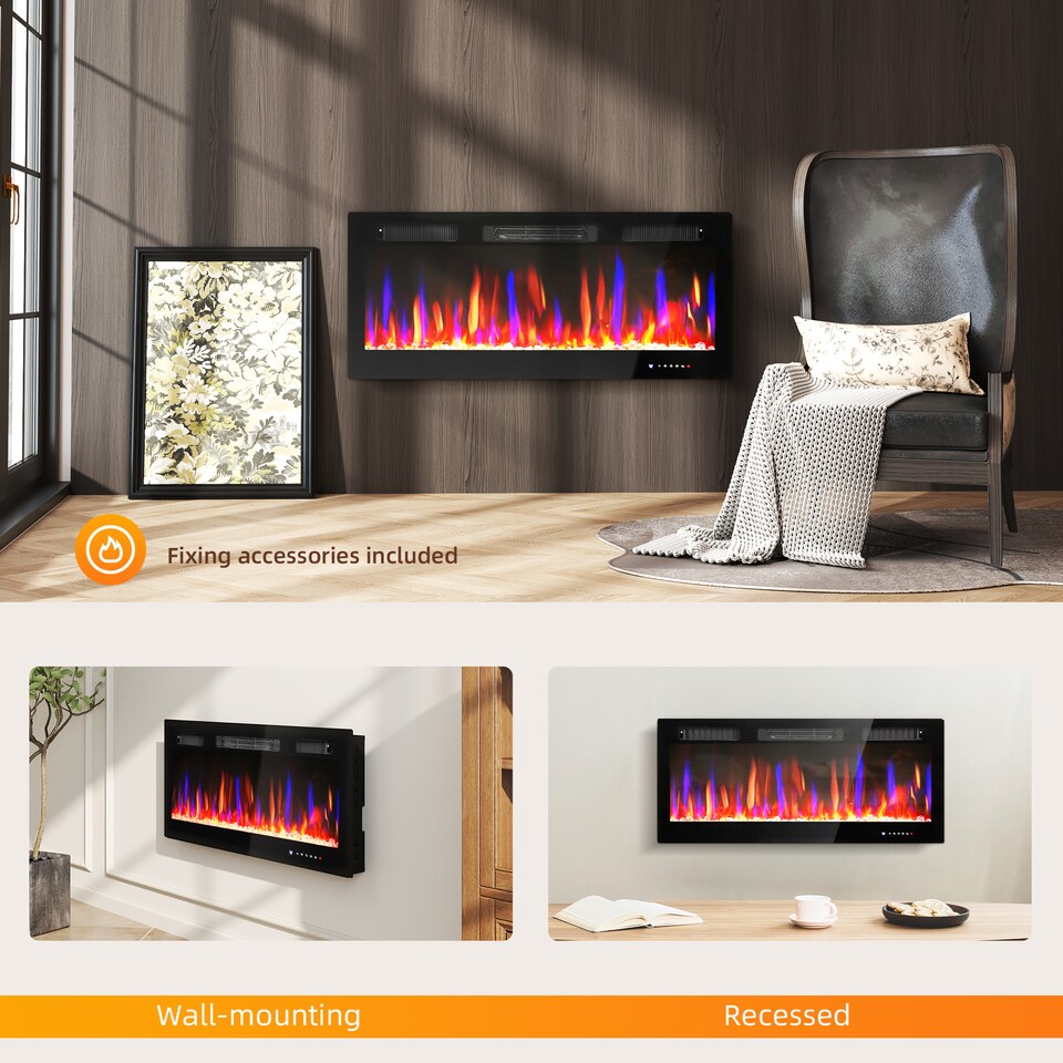 image 1 of HOMCOM 107cm/42" Electric Fireplace, Ultra-Slim Wall Mounted and Recessed Electric Fire Heater with Adjustable Flame and Thermostat, Eco Mode, Auto Switch, Weekly and 24H Timer, Remote, 900W/1800W
