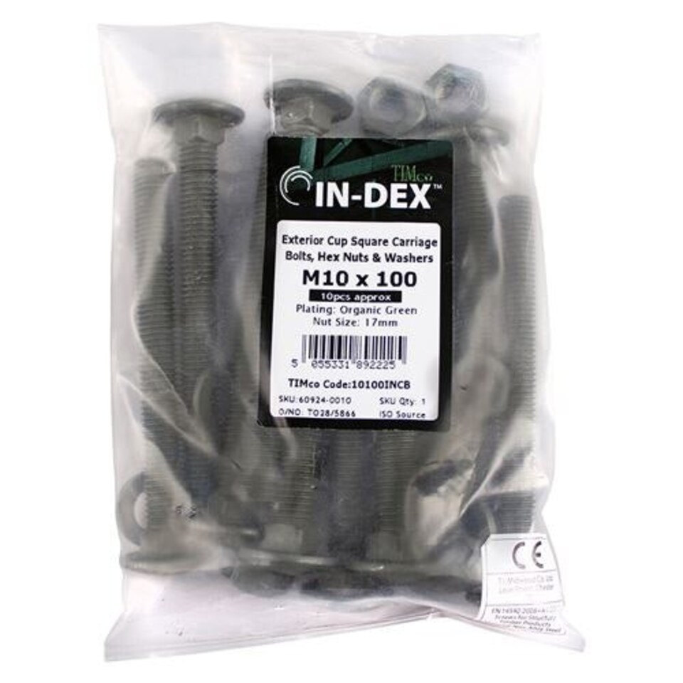 image 1 of Timco - Carriage Bolts Hex Nuts & Form A Washers - Dome - Exterior - Green (Size M10 x 150 - 10 Pieces)