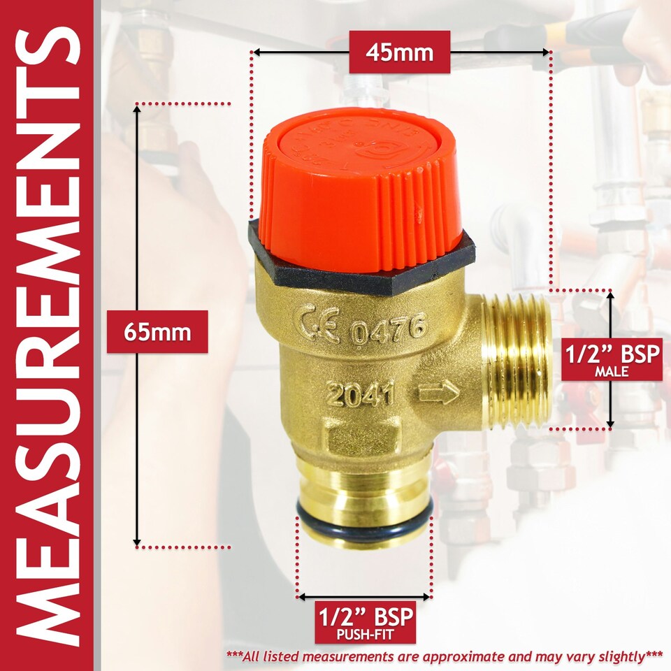 image 1 of SPARES2GO Pressure Relief Safety Valve for Baxi Boiler 3 Bar 1/2" BSP Male x Push Fit Brass PRV