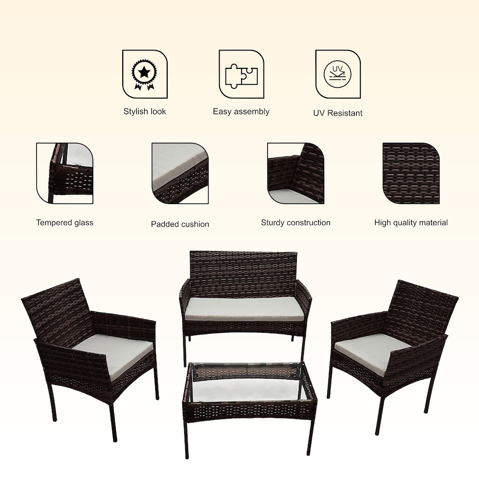 image 1 of Alivio 4 Piece Rattan Sofa Set Patio Furniture with Coffee Table Weather Resistant UV Protected Cushions for Indoor Outdoor Use | Brown | 1