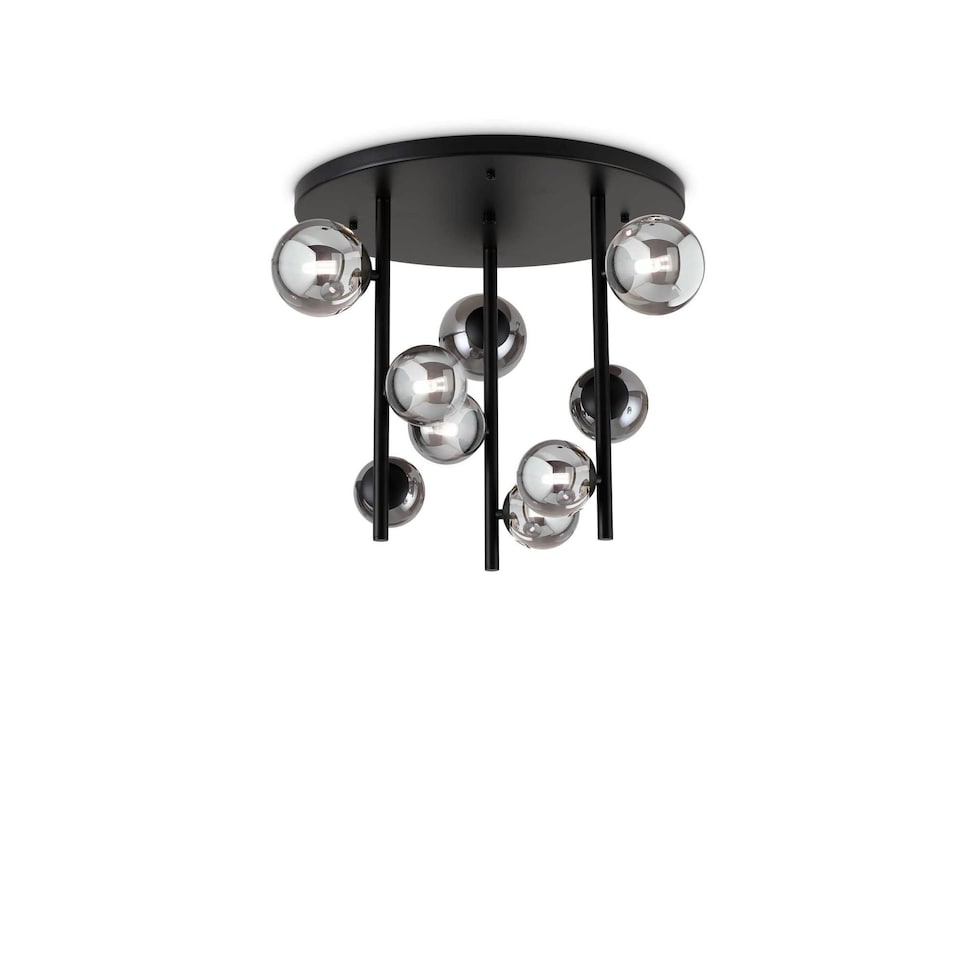 Perlage 9 Light Globe Ceiling Light Black, Amber Glass Shade
