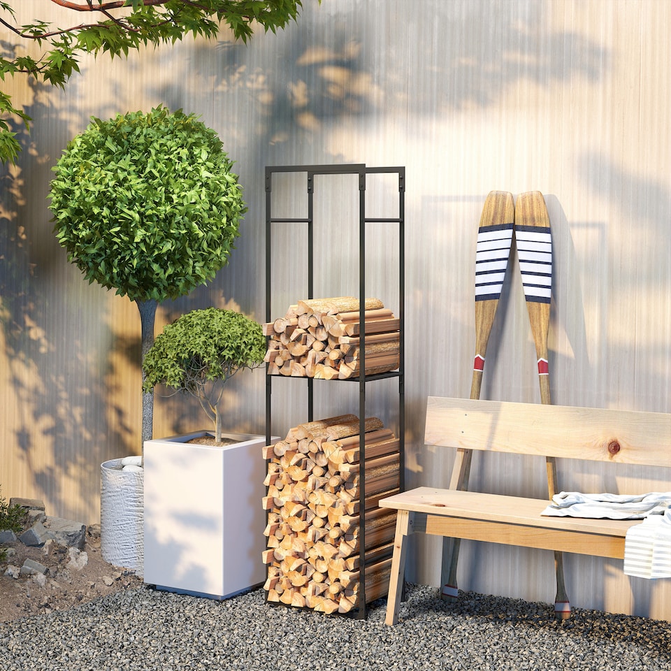 image 1 of Outsunny Metal Firewood Log Holder, Heavy Duty Firewood Rack with Adjustable Shelf, Indoor Outdoor Fireplace Wood Storage Shelf, 45 x 31 x 170 cm, Black