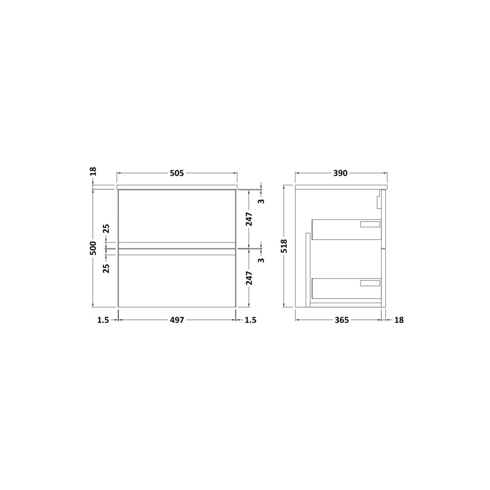 image 1 of Balterley Mavesyn Contemporary 2 Drawer Wall Hung Vanity Unit with Worktop, Satin White, 500mm