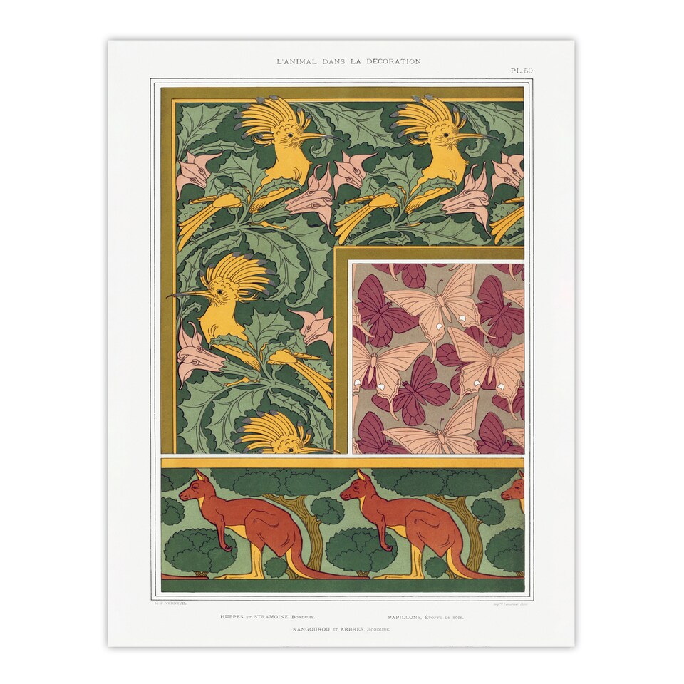 image 1 of Maurice Pillard Verneuil Framed Art Hoopoe Birds Butterflies Kangaroo Patterns