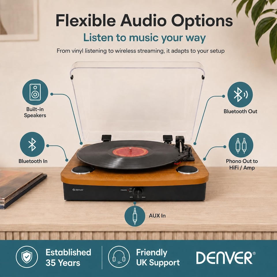 image 1 of Lightwood Vinyl Record Player With Stereo Speakers - Bluetooth Send & Receive - USB & SD Recording - AUX IN & RCA Out