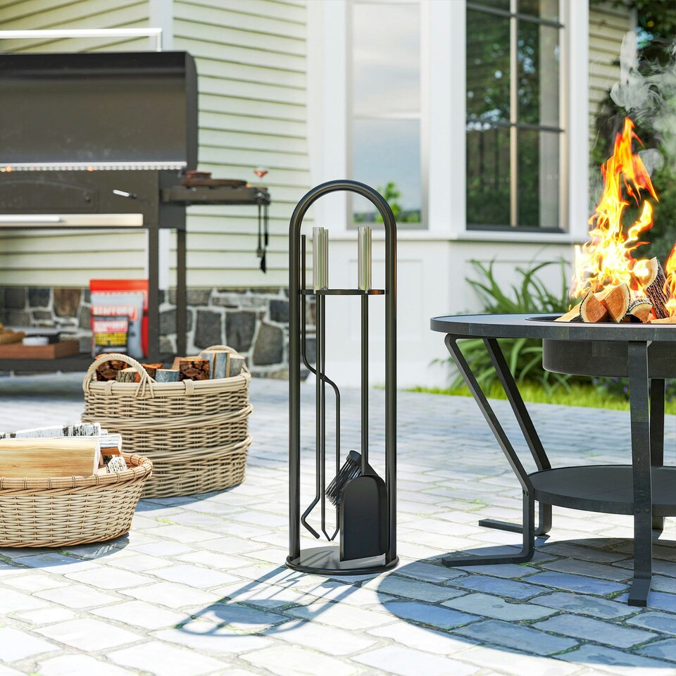 image 1 of Outsunny 5 PCS Fireplace Companion Set, Metal Fireside Companion Set, Silver