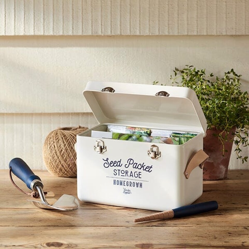 image 1 of Burgon & Ball Leather Handled Seed Packets Storage Tin - Stone