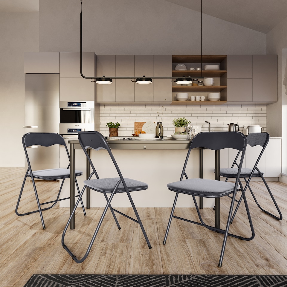 image 1 of 6 Pc Folding Lightweight Chair Set Portable Metal Frame PVC Velvet Ribcord Seats | Multi | Dark Grey Ribcord