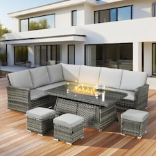 Outsunny 7 Pieces PE Rattan Garden Furniture Set, 50,000 BTU Gas Fire Pit Table, Double Corner Sofa and 3 Footstools, 6 Seater Furniture Sofa Sets with Cushions for Conservatory, Grey