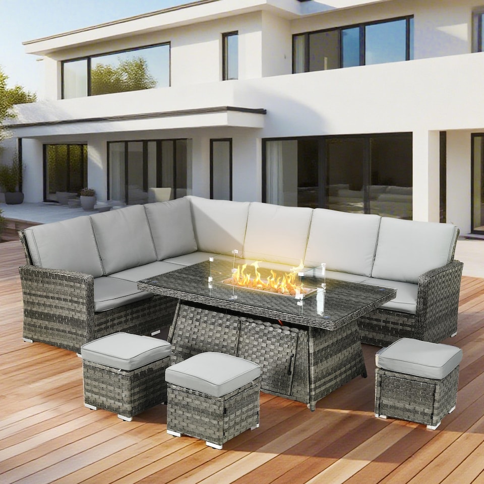 image 1 of Outsunny 7 Pieces PE Rattan Garden Furniture Set, 50,000 BTU Gas Fire Pit Table, Double Corner Sofa and 3 Footstools, 6 Seater Furniture Sofa Sets with Cushions for Conservatory, Grey
