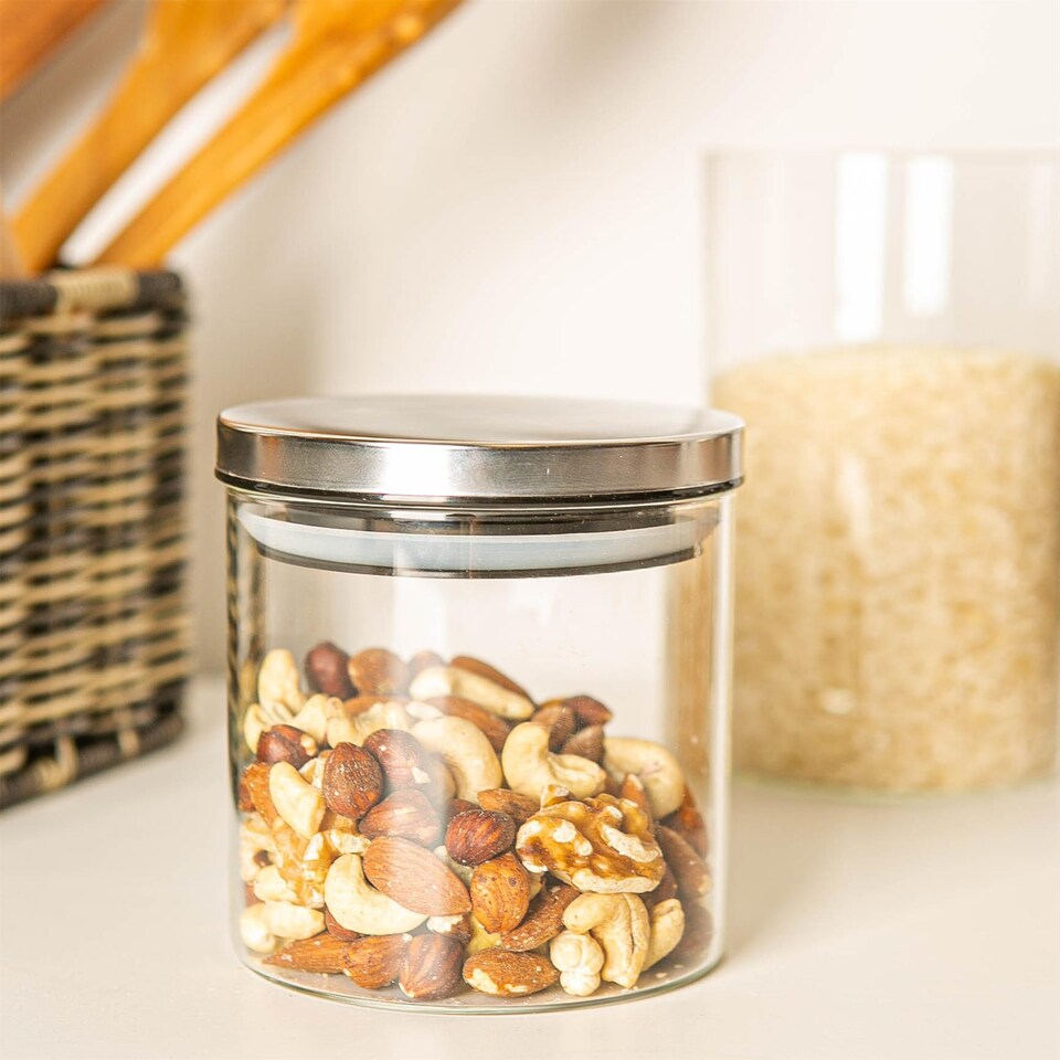 image 1 of Argon Tableware Glass Storage Jars - Silver Lid - 550ml - Modern Round Scandi Organisation Container Glass Jar - Set of 3