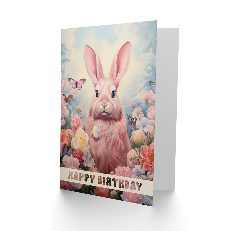 image 1 of Pink Bunny Rabbit Butterfly Flowers For Her Birthday Card