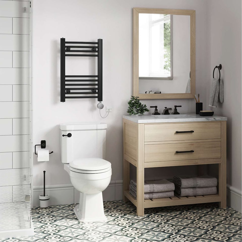 image 1 of Zennor - Black Electric Towel Rail H600mm x W400mm Curved 200w Thermostatic