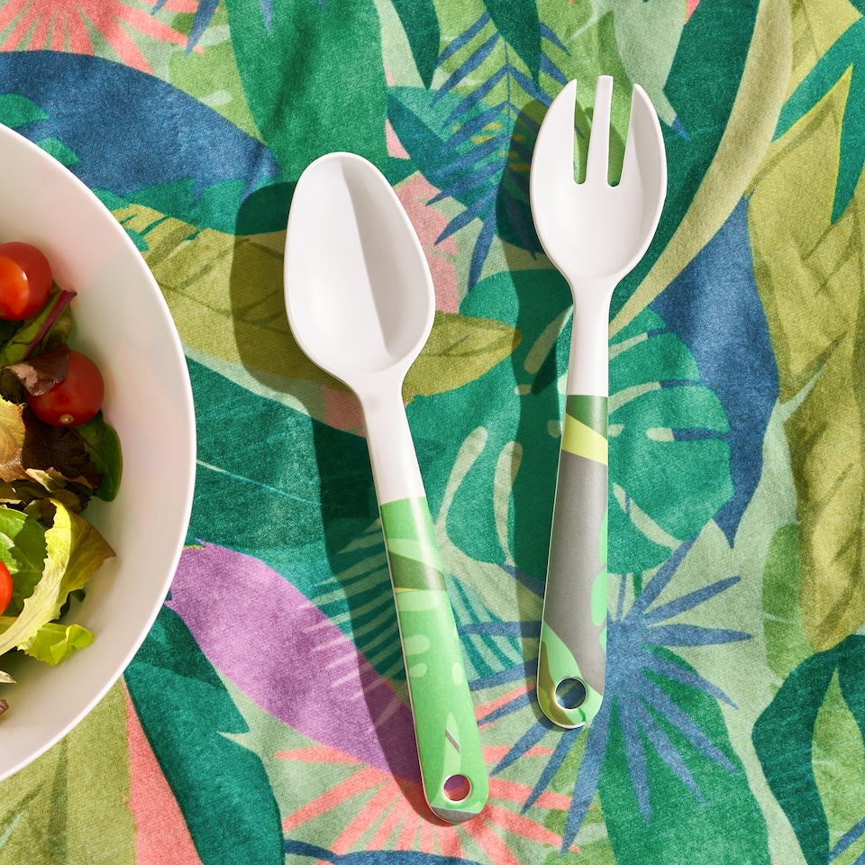 image 1 of OHS Summer Print Plastic Picnic Salad Bowl Utensil Set Lightweight | Green | Colourful Palm