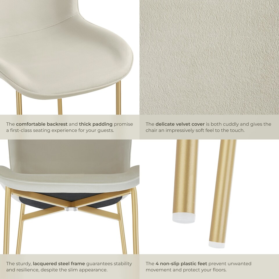 image 1 of Dining Chair Tessa - ergonomic high backrest, slim steel legs, soft fabric - Set of 2 Cream | Velvet Look Beige/Gold