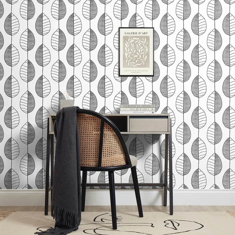 image 1 of Fika Leaf Wallpaper in Black and White Multi