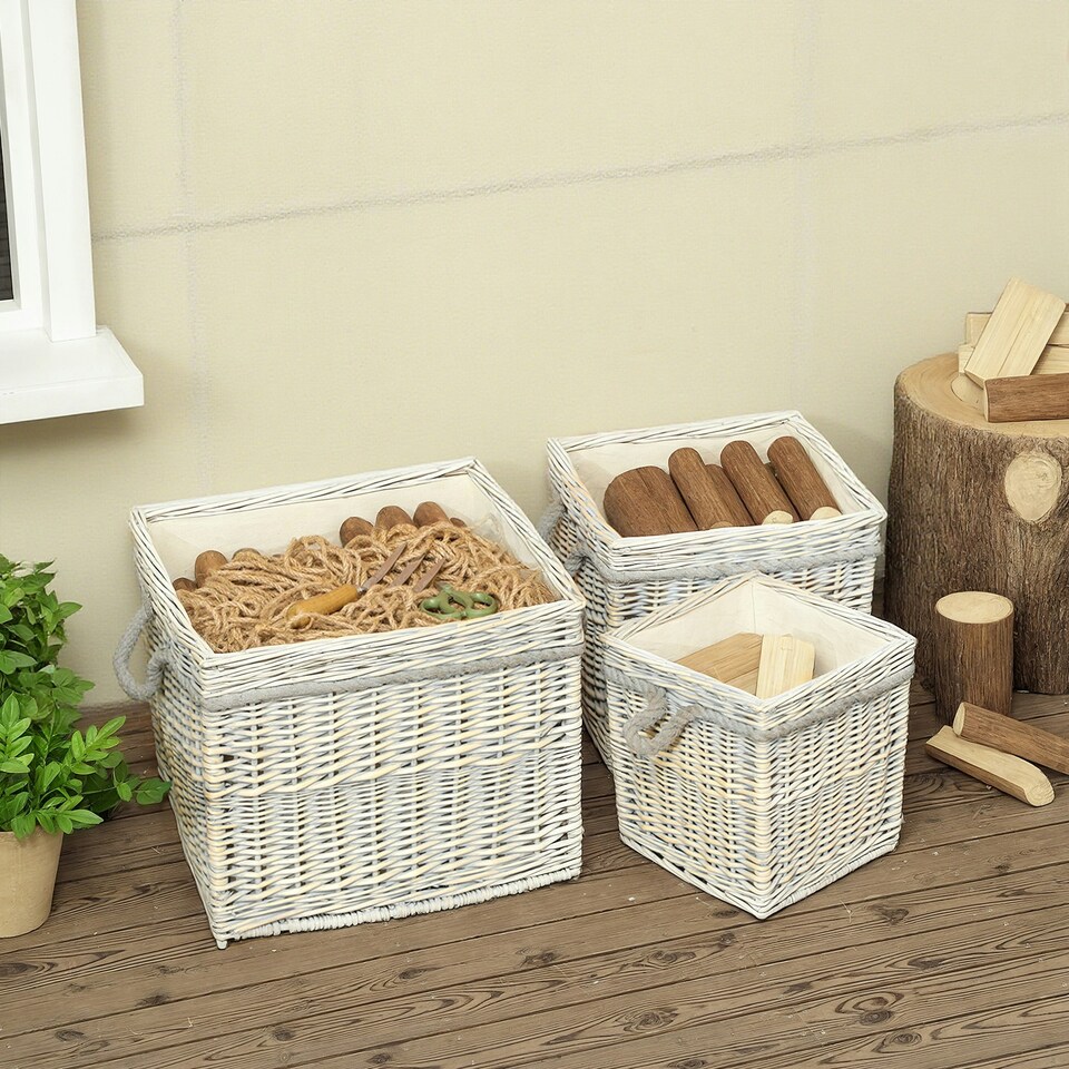 image 1 of Outsunny Set of 3 Wicker Log Basket with Liner and Rope Handles, Beige