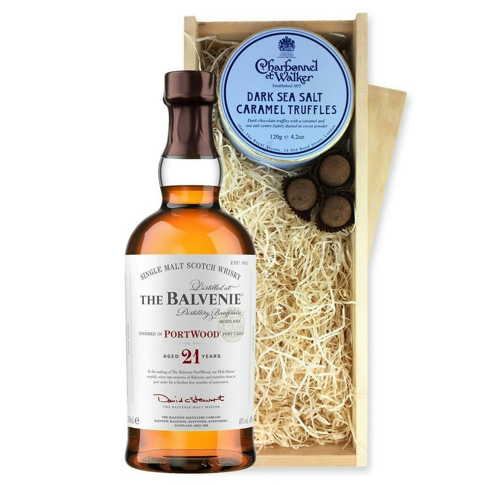 image 1 of Balvenie 21 Year Old PortWood Finish Whisky And Dark Sea Salt Charbonnel Chocolates Box 70cl 40% abv