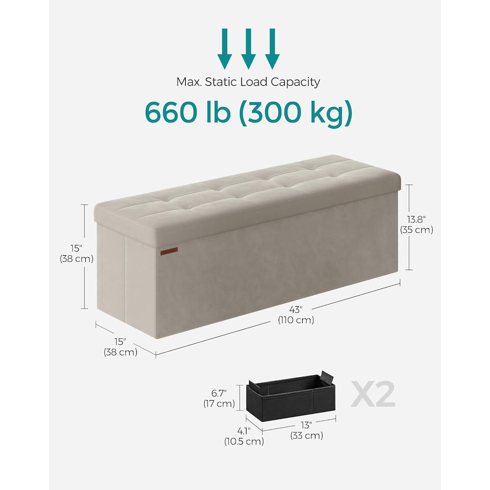image 1 of Storage Ottoman with Extended Hidden Storage Space, Foldable Velvet Fabric Bench, 110 cm, Cream White