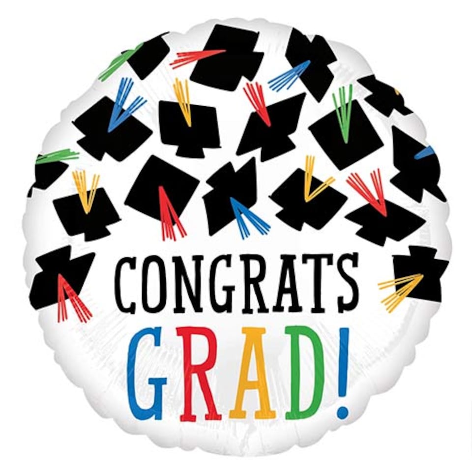Hats Off Congrats Grad Graduation Round Foil Helium Balloon 43cm / 17 in | White