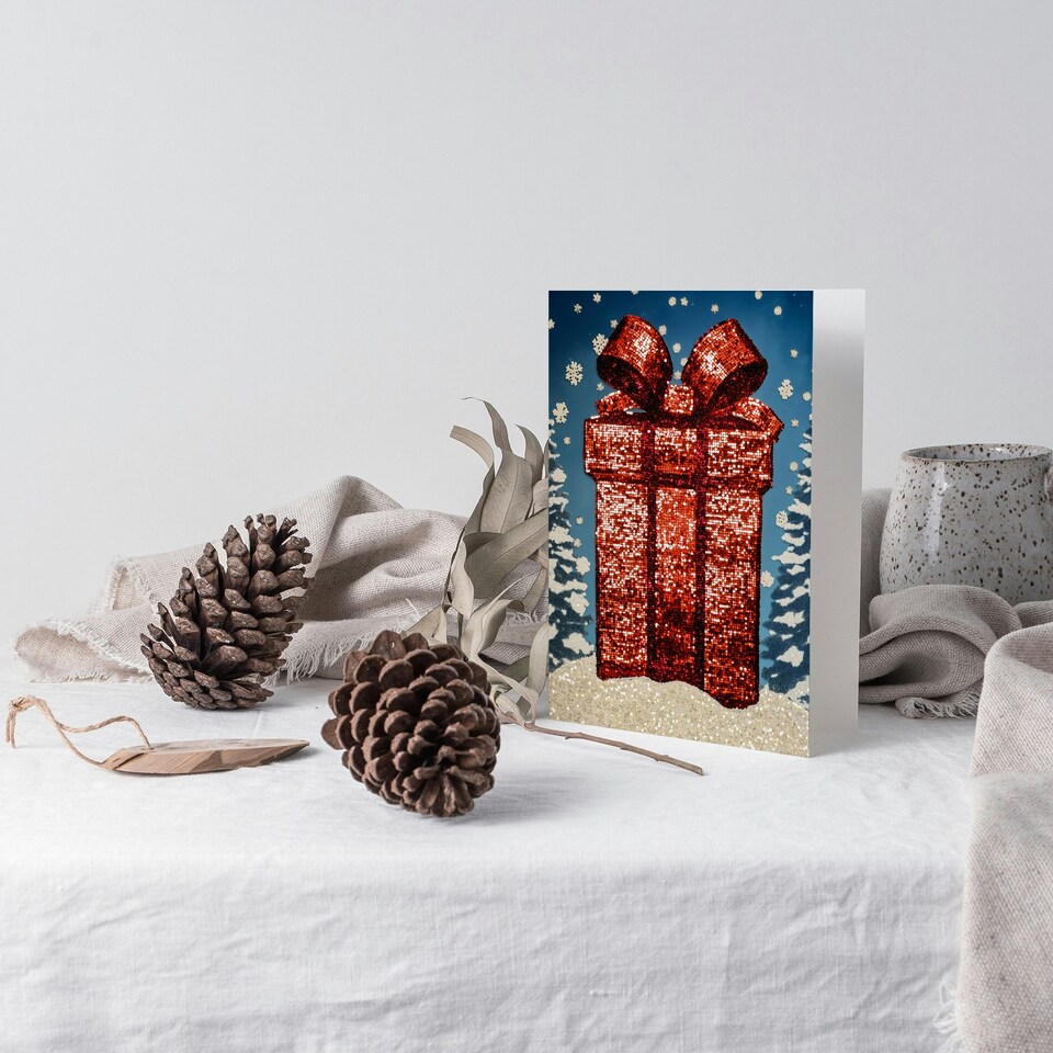 image 1 of Sequin Wrapped Gift Present Winter Snowflakes For Her Woman Christmas Card