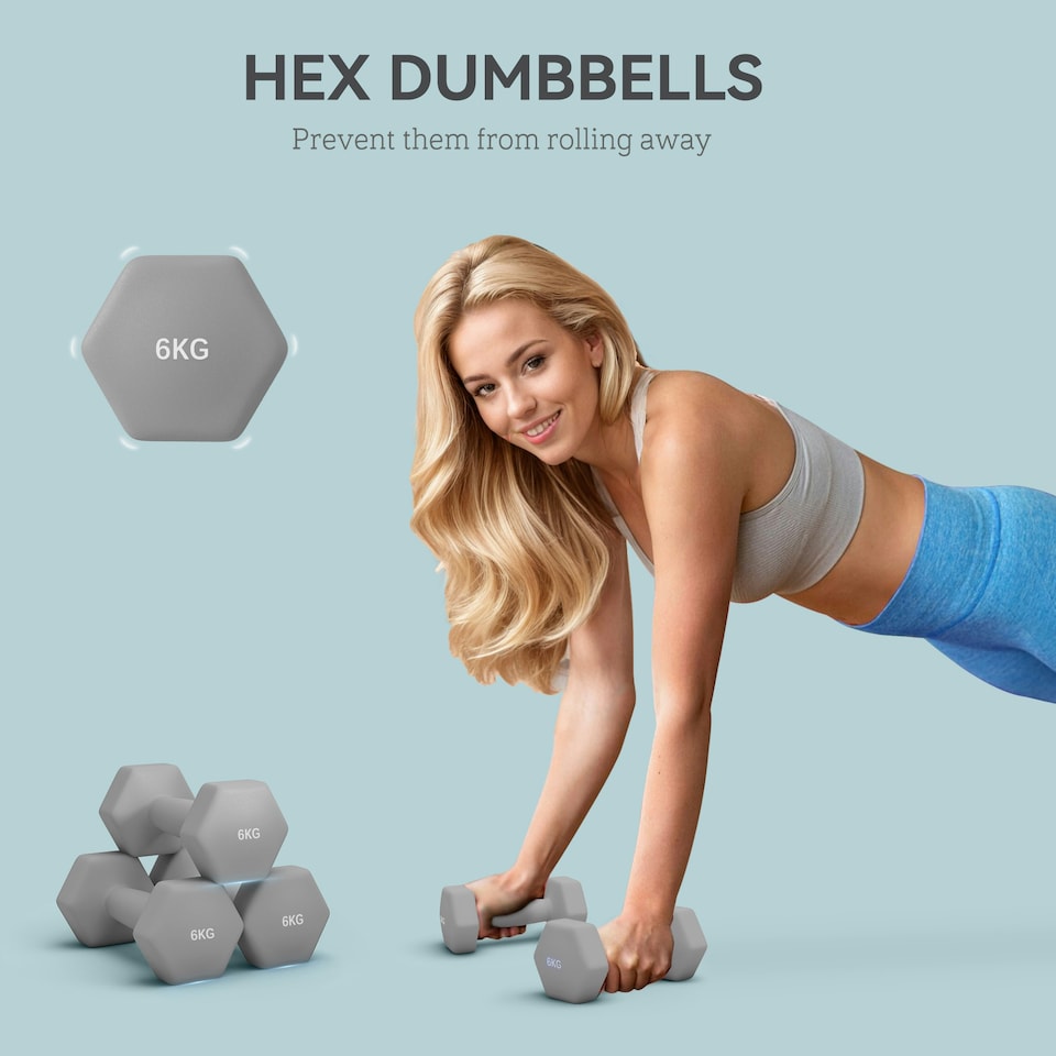 image 1 of SPORTNOW Set of 2 Hexagonal Dumbbells Weights Pair, 2 x 6kg, Grey