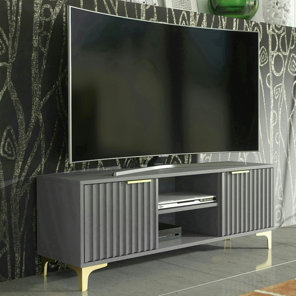 image 1 of Bold TV unit 120cm grey ribbed fronts gold accents Grey