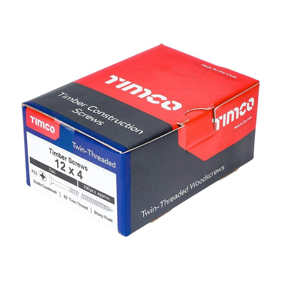 image 1 of Timco - Twin-Threaded Woodscrews - PZ - Double Countersunk - Zinc (Size 12 x 4 - 100 Pieces)