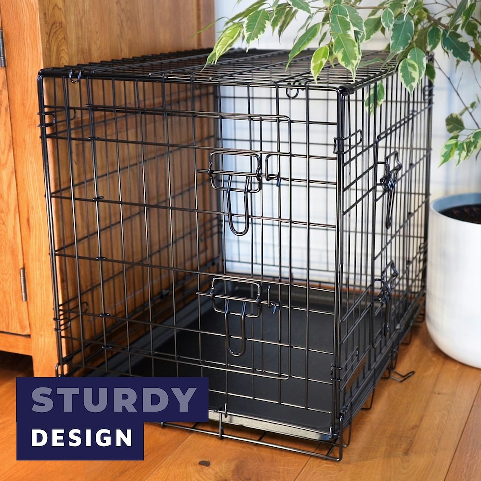 image 1 of DogCrates+ 36-Inch Large Dog Crate with Twin Doors, Foldable Non-Chew Metal Frame & Removable Tray – Black Black | L