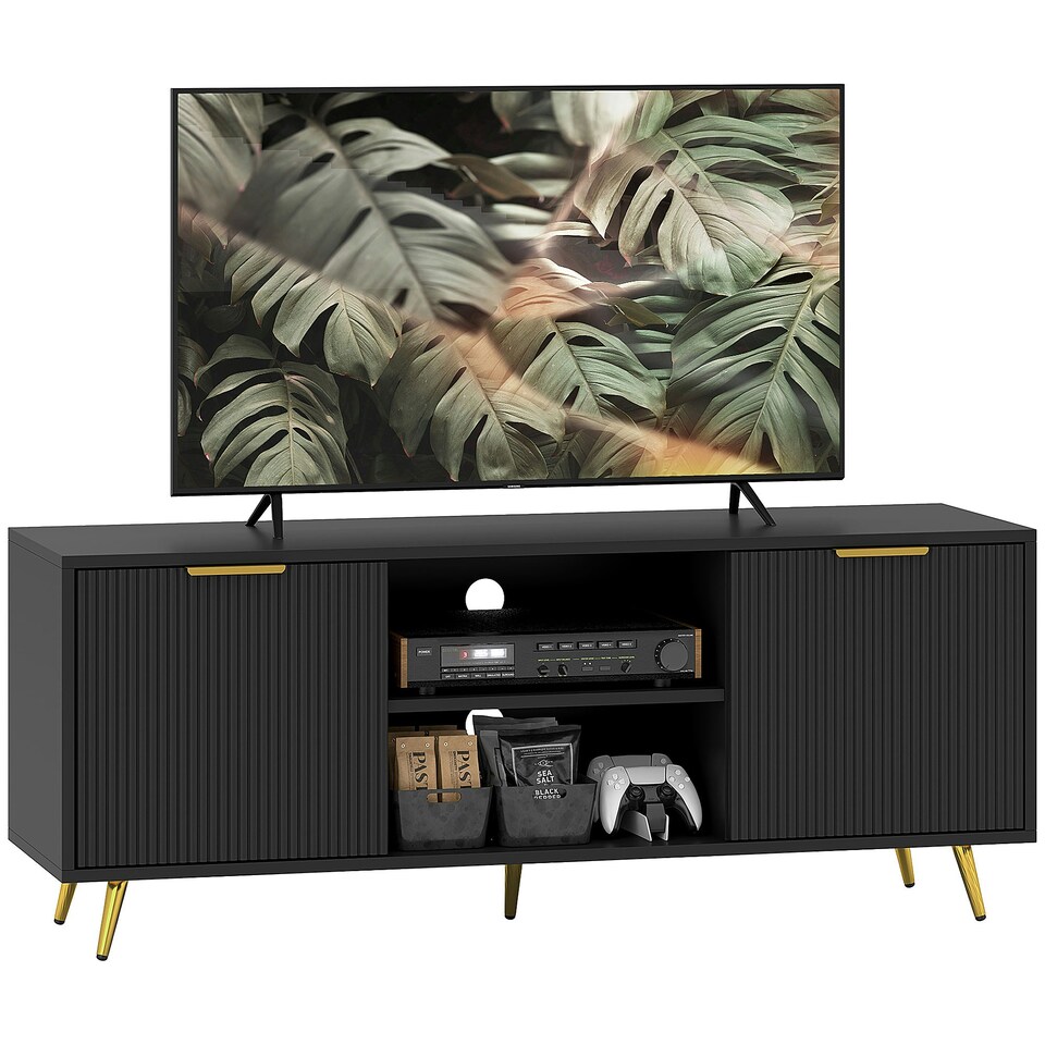 image 1 of HOMCOM Modern TV Stand Cabinet with Storage for Living Room, Black