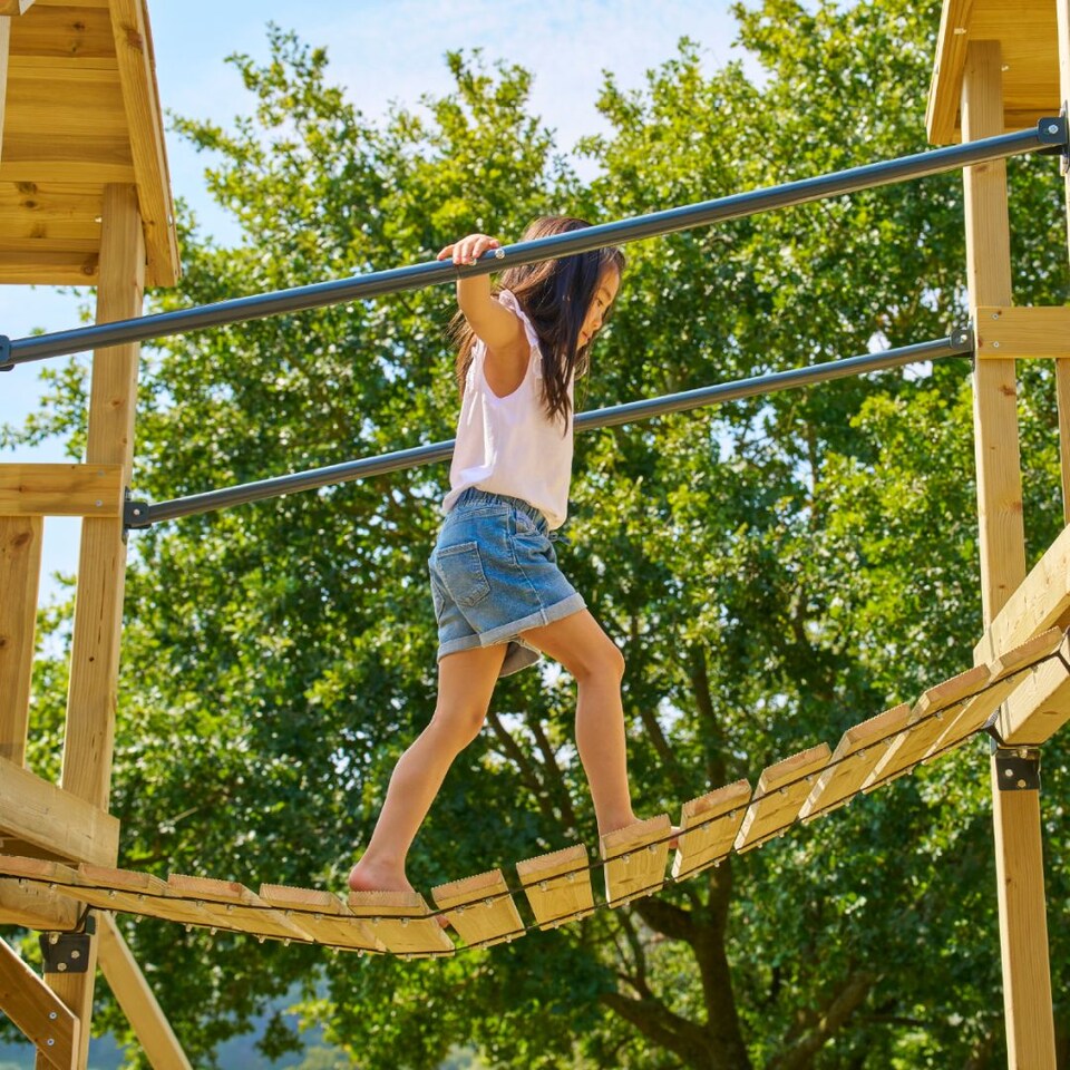 image 1 of TP Skywood Wooden Tower Climbing Frame with Ripple Slide, Sky Bridge, Mini Tower & Double Swing Arm - FSC® certified