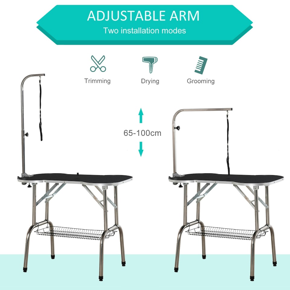 image 1 of PawHut Pet Foldable Grooming Table w/ Adjustable Arm Non-Slip Tabletop Leash