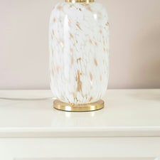 ValueLights India Natural Drum Shade on Rounded White Confetti Glass Table Lamp with LED Bulb