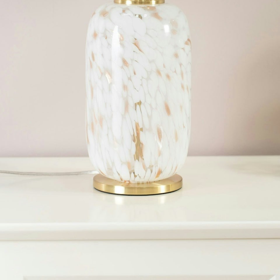 image 1 of ValueLights India Natural Drum Shade on Rounded White Confetti Glass Table Lamp with LED Bulb