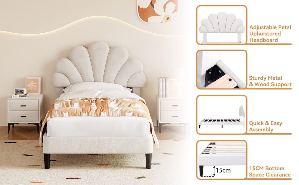 image 1 of Abrihome 3FT Single Velvet Upholstered Bed Frame 90x190cm with Adjustable Petal Headboard, Solid Wood Slats, No Box Spring Needed, Beige