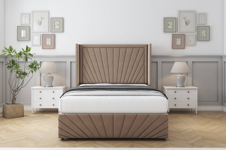 image 1 of Sloomy Rutherford Mink Plush Divan Bed With Mattress No Drawers With 54" Wingback Headboard & 12" Matching Footboard 2'6 Small Single | Brown | Mink | Small Single | 1