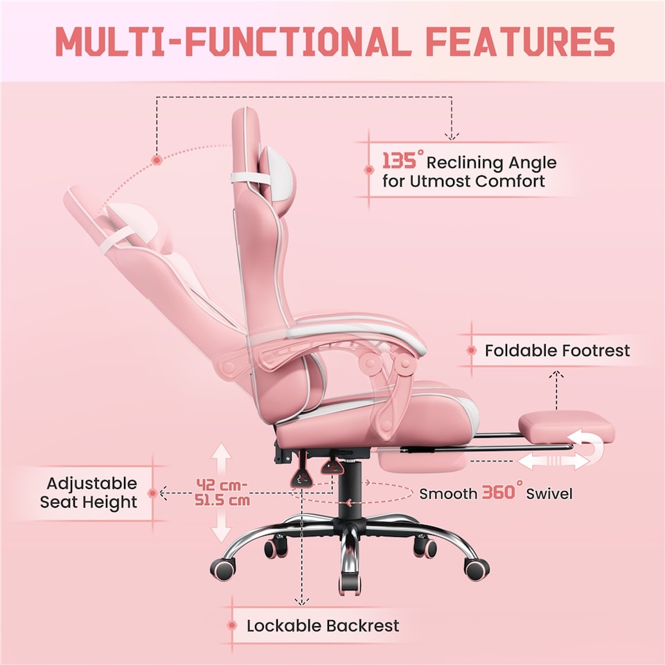 image 1 of Yaheetech Ergonomic Computer Chair with Massage Lumbar Pillow | Multi | Pink/White | One Size | 1