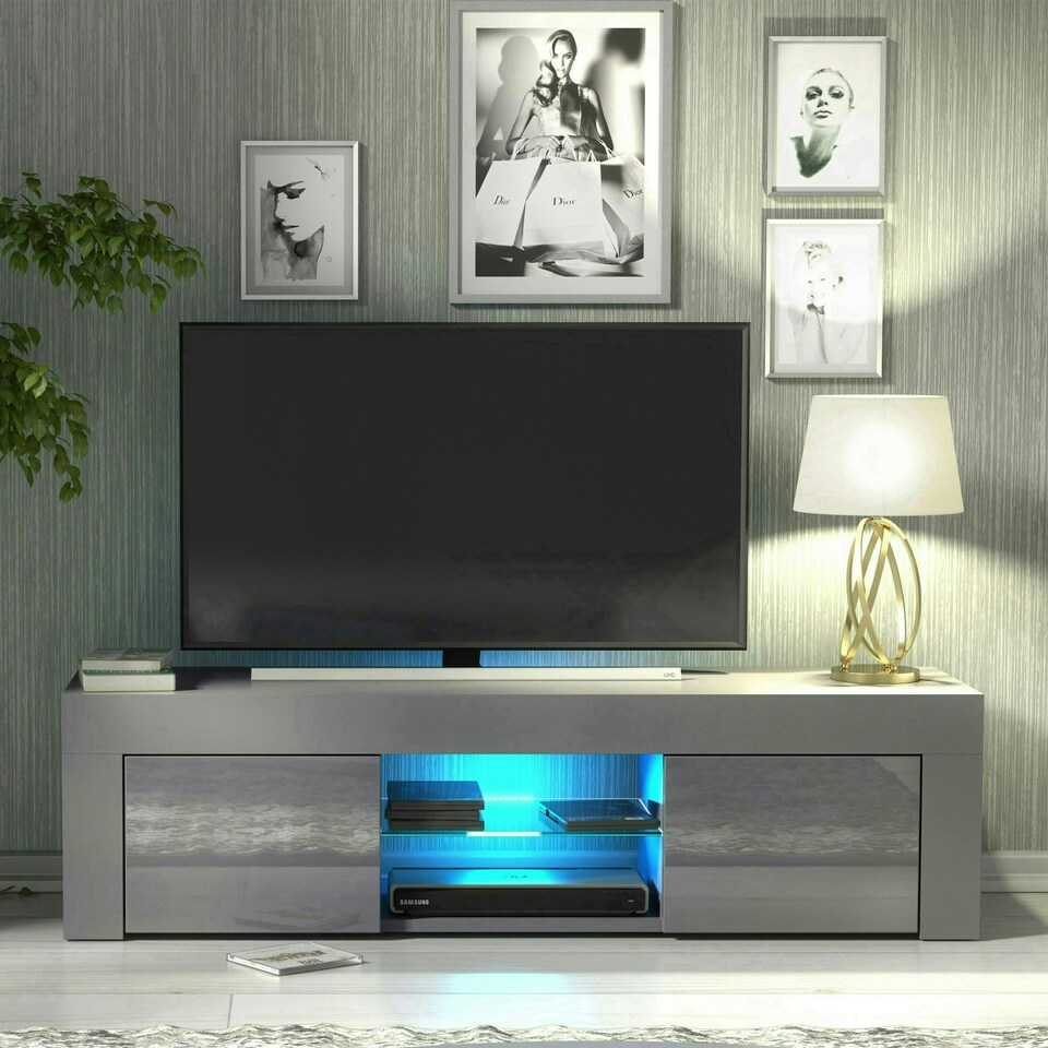 image 1 of TV Unit 130cm Grey Gloss Doors Grey Matt Body Modern Cabinet | Grey | One Size | 1