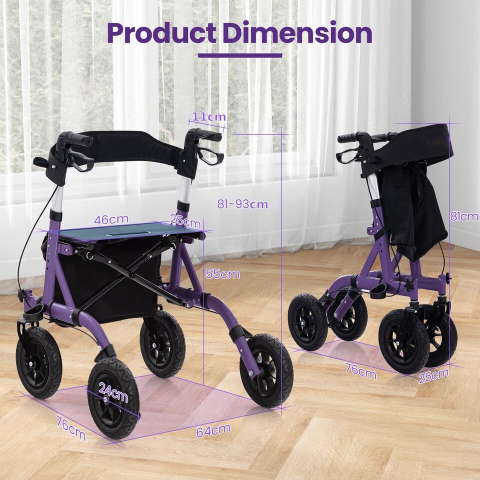 image 1 of COSTWAY Height Adjustable Foldable Rolling Walker with Seat Purple