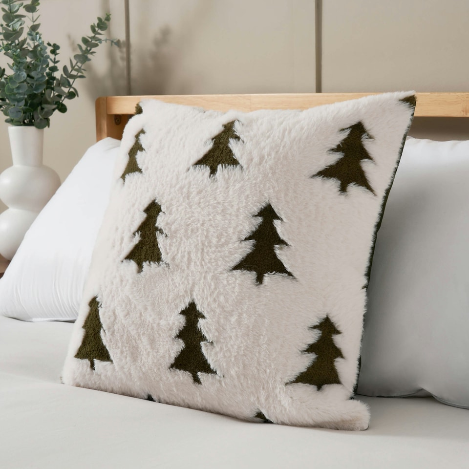 image 1 of BHS Christmas Trees Faux Fur Cushion, Cream and Green Cream | Cream