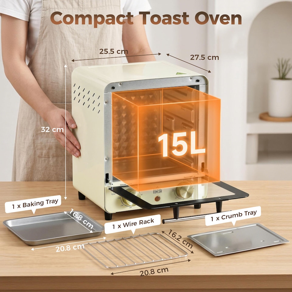 image 1 of HOMCOM Mini Oven Toaster Oven with Baking Tray Wire Rack Crumb Tray