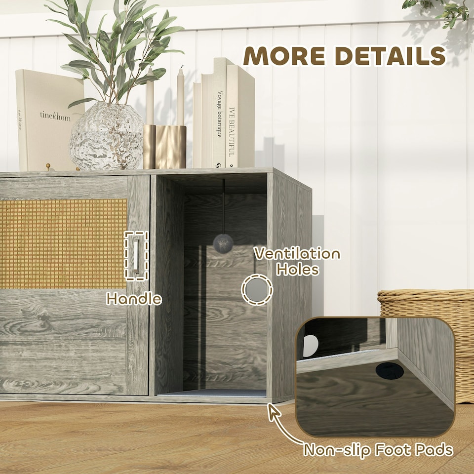 image 1 of PawHut Cat Litter Box Enclosure with Rattan Door, Scratching Mat